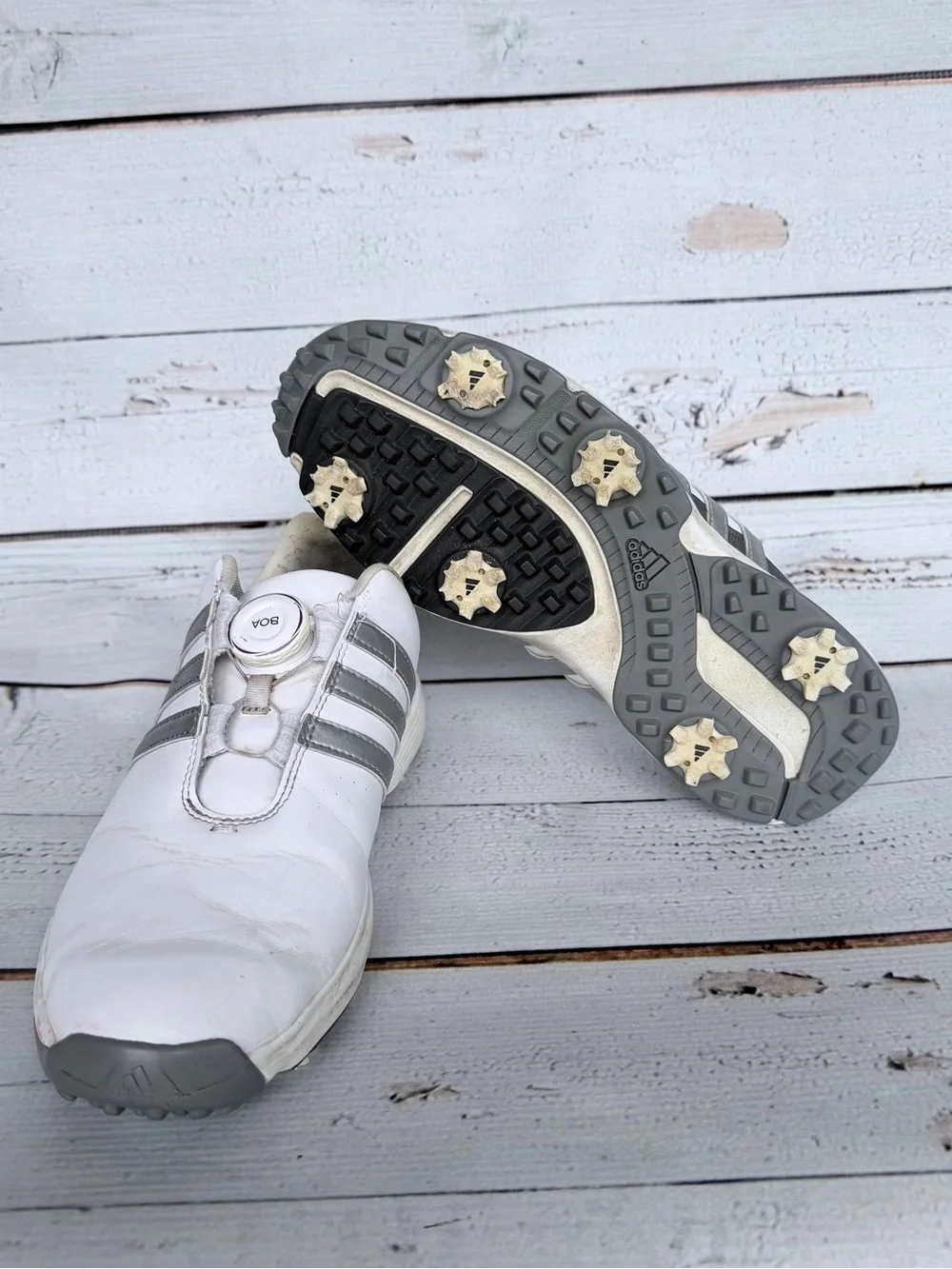 adidas Youth Tour360 24 BOA Spiked Golf Shoes White Silver - Size 7